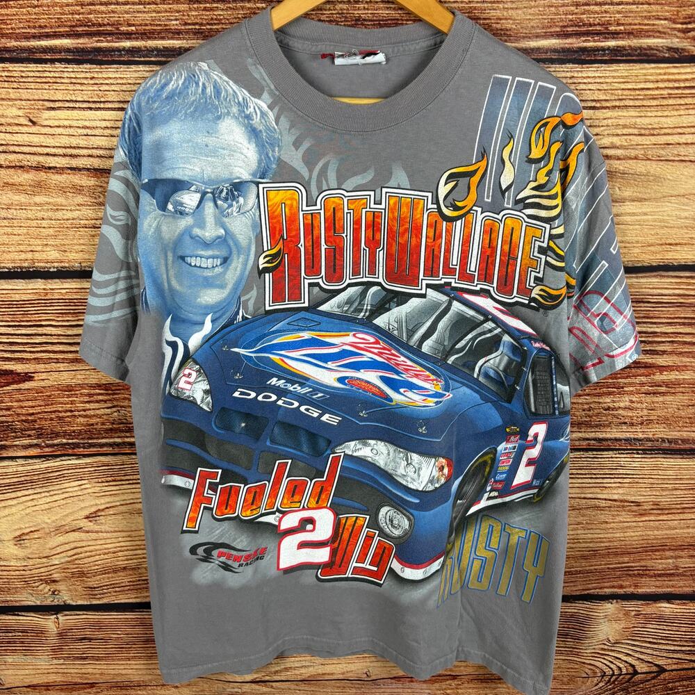 Vintage 1990s Rusty Wallace Fueled 2 Win Nascar Racing All Over Print T-shirt